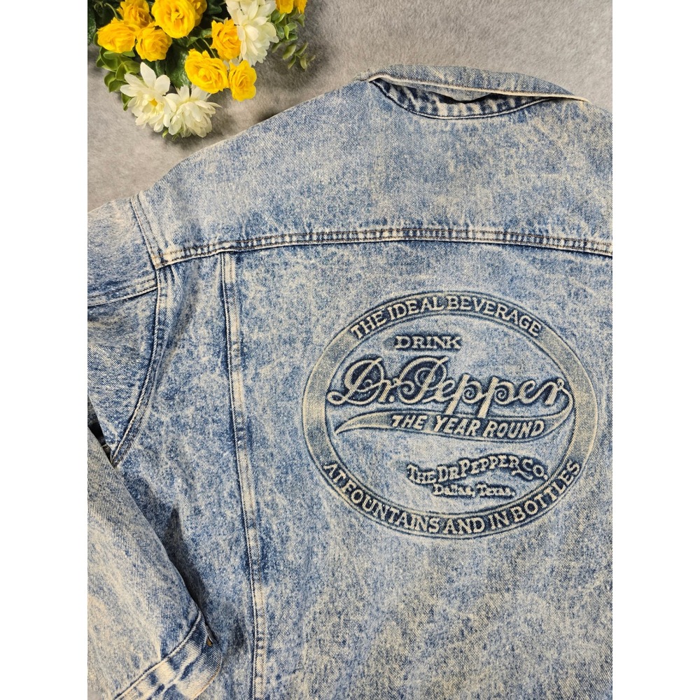 Vintage Dr Pepper Acid Wash Denim Jacket LG Made in USA 80s Soda Promo‎ Trucker
